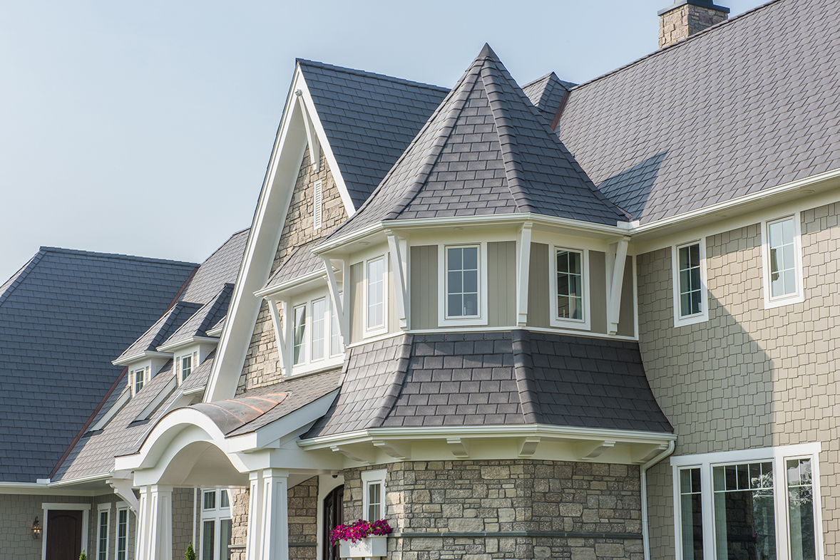 A luxury home featuring Enviroslate, a premium material that emulates the look of natural slate.