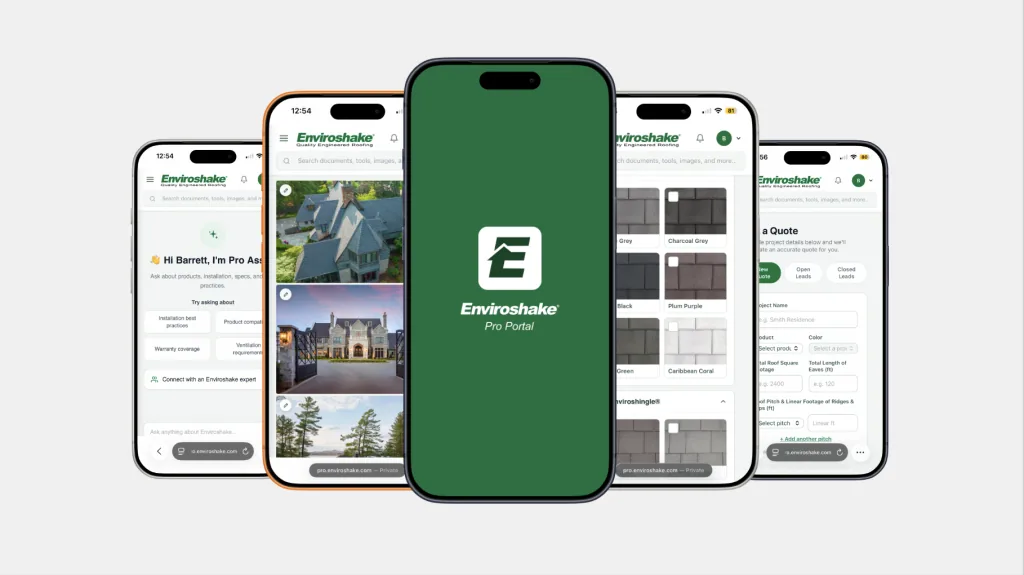 Mobile phones showcasing screenshots of the Enviroshake Pro Portal