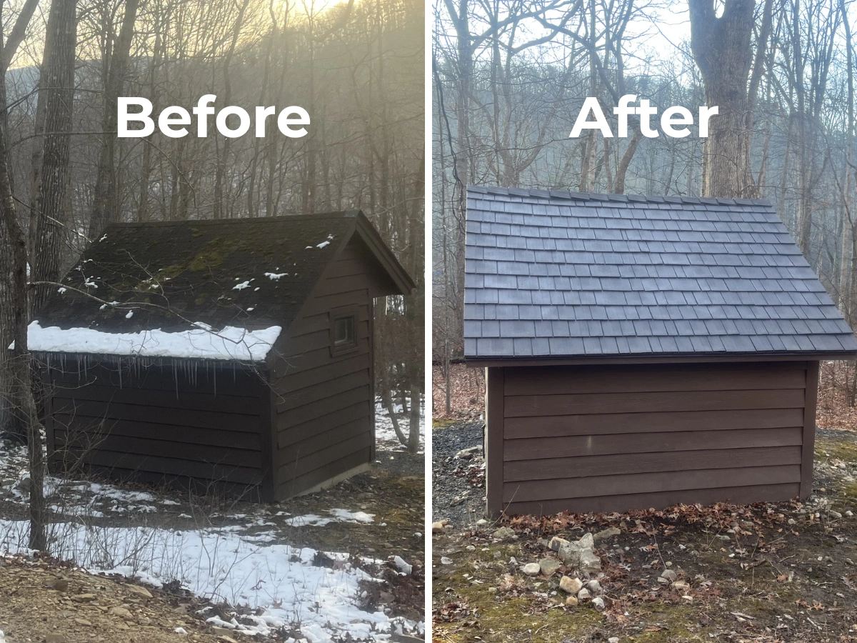 Before and after photos of a small brown shed roof, showing a moss-covered, snow-dusted old roof replaced with a new gray Enviroshake composite roof.