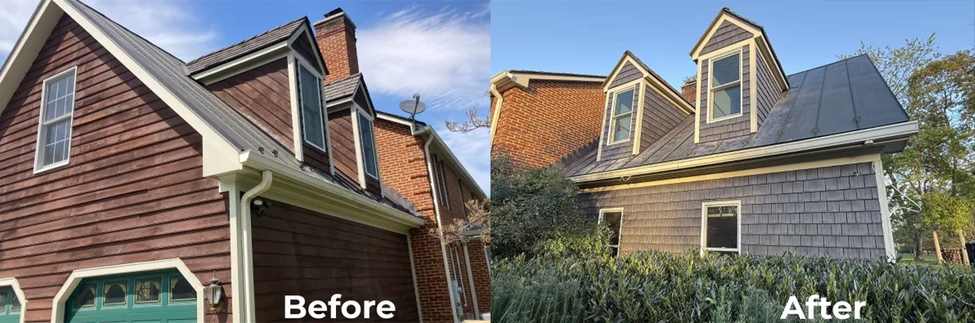 Before and after photos of a home's dormer and gable area, showing wood plank siding replaced with cedar-style shake siding, and a roof section with newly installed solar panels