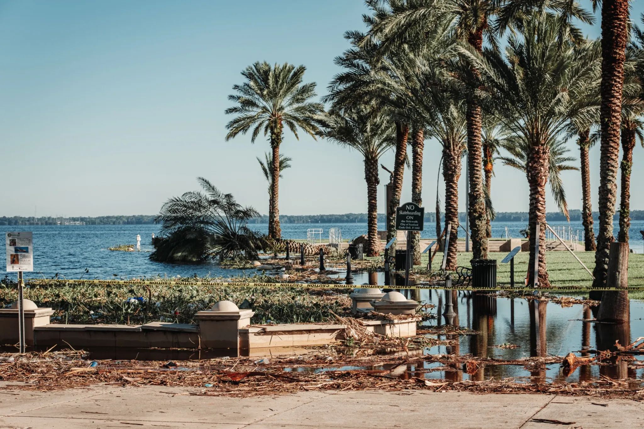 Hurricane storm damage and flooding along a palm-lined waterfront.