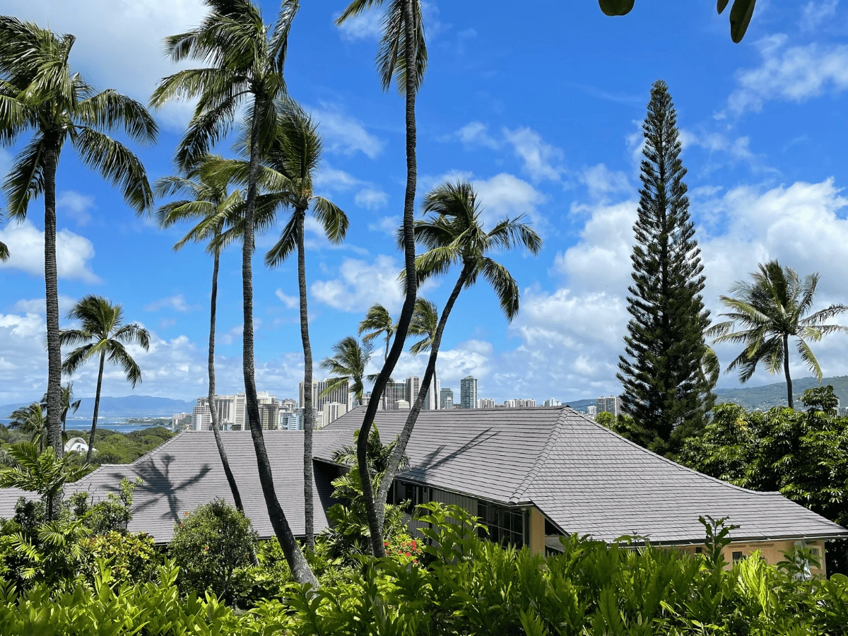 Aged Cedar Enviroshake composite cedar shake roof on a tropical home in Hawaii.