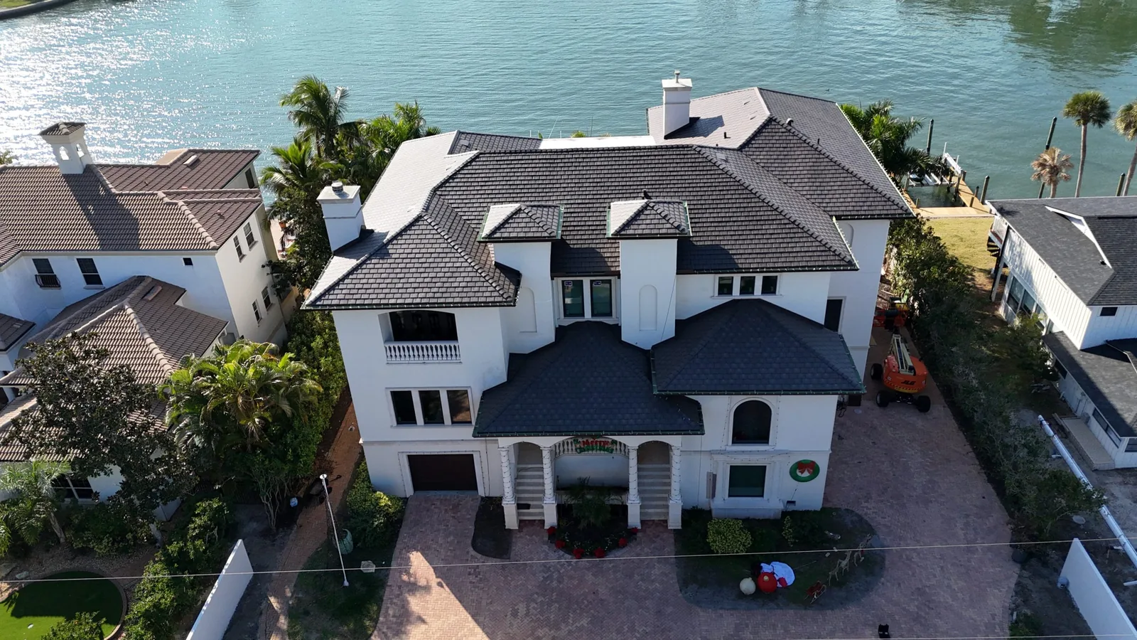 Enviroslate composite slate roofing on a luxury waterfront home.