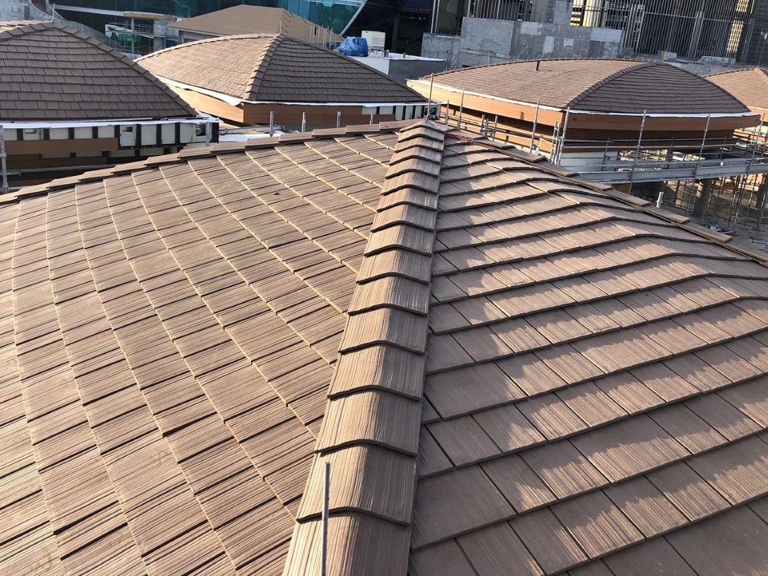 Close-up of Enviroshake composite cedar shake roofing installed across multiple roof sections at the Seminole Hard Rock Hotel & Casino.
