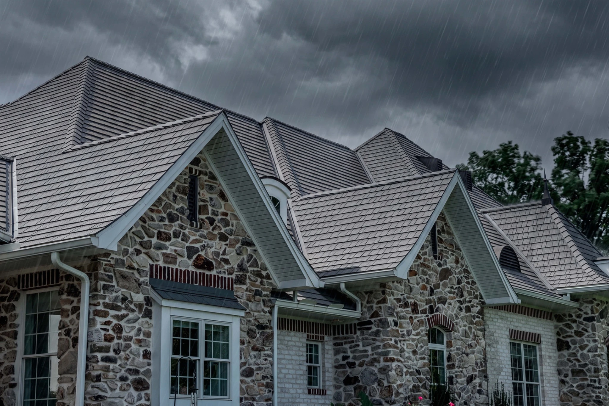 A luxury home with Enviroshake aged cedar roofing and a storm approaching 