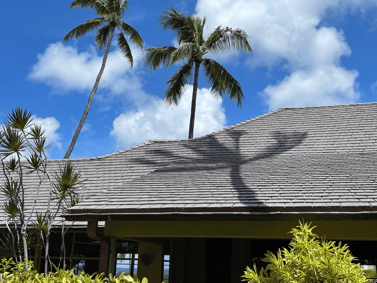 Aged Cedar Enviroshake composite cedar shake roof on a tropical home in Hawaii.