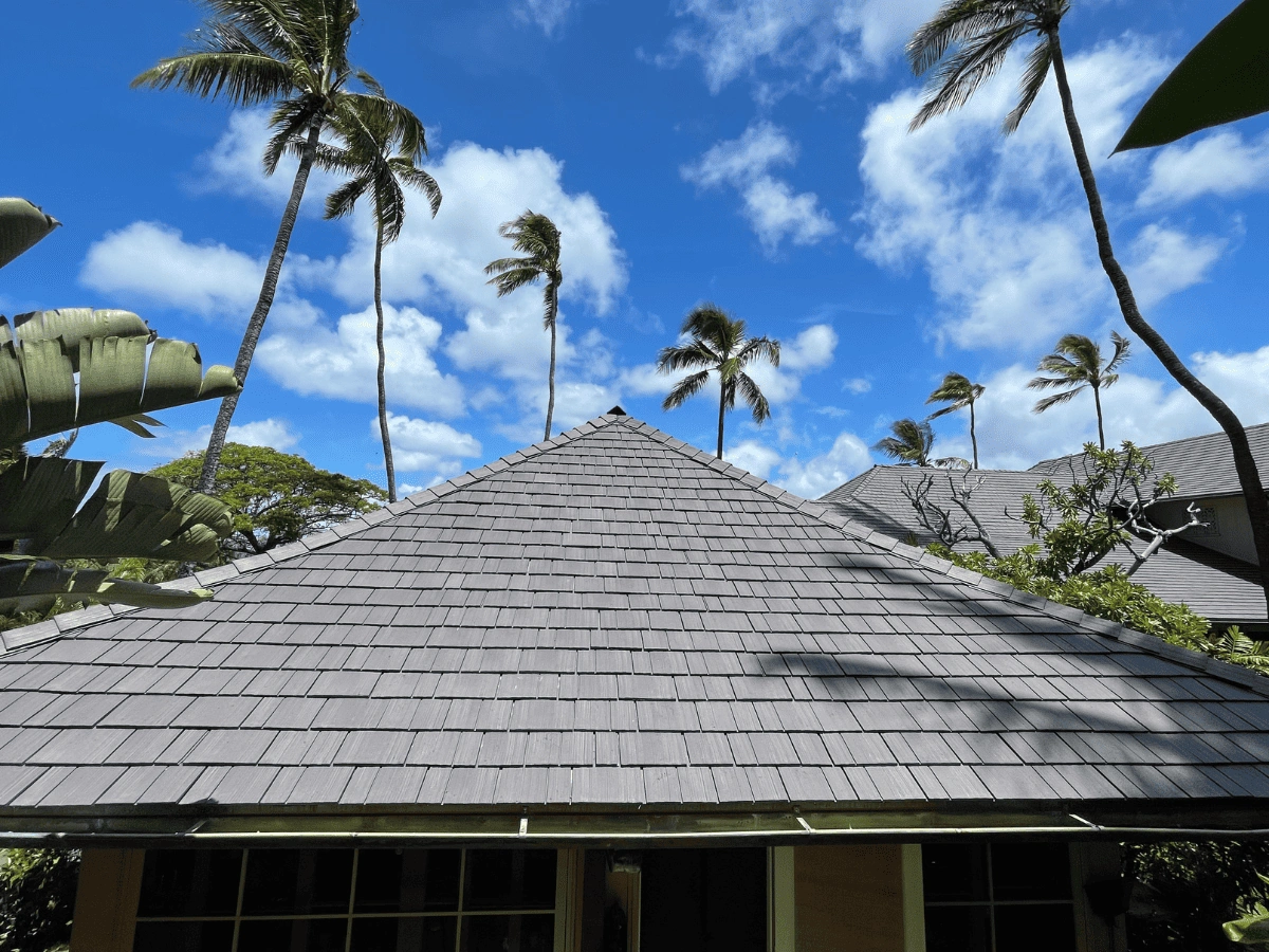 Aged Cedar Enviroshake composite cedar shake roof on a tropical home in Hawaii.