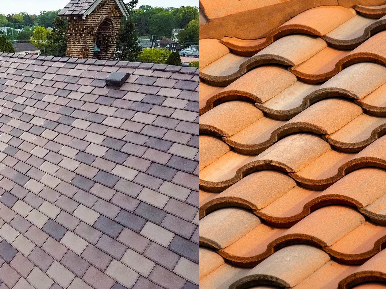 Side-by-side comparison of an Enviroslate roof and clay roof tiles