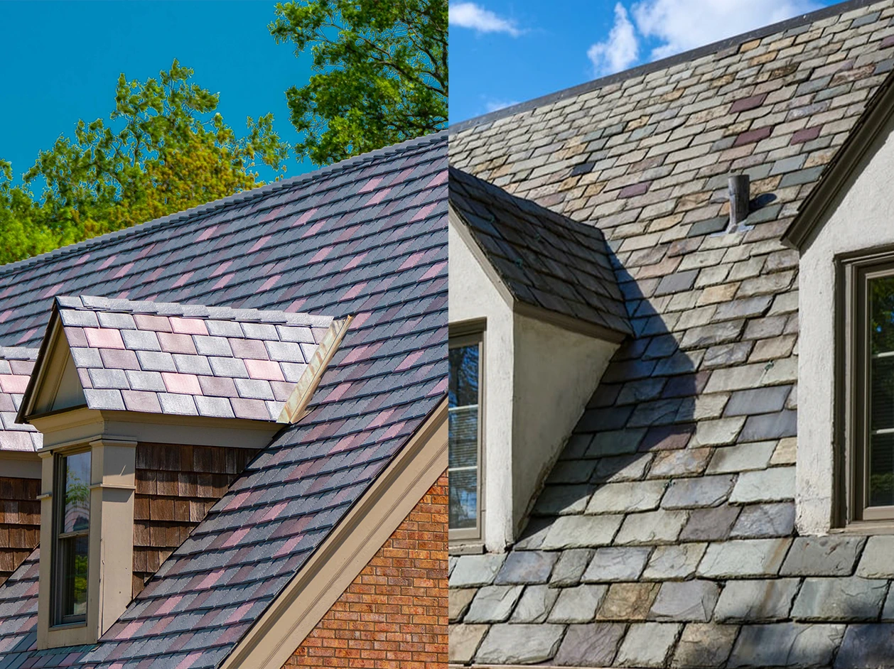 Side-by-side comparison of an Enviroslate roof and a natural slate roof