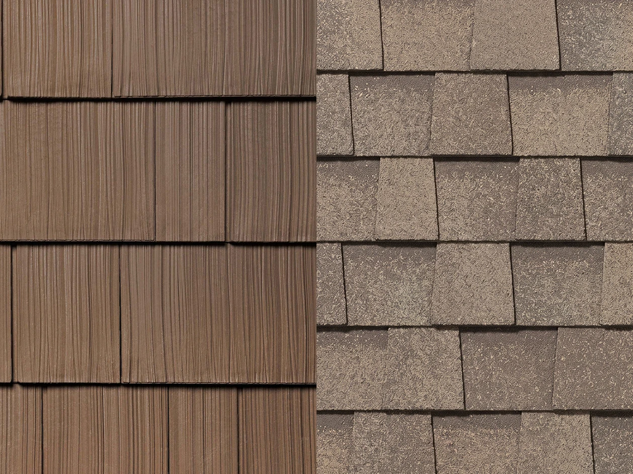 Side-by-side comparison of cedar shakes and asphalt shingles