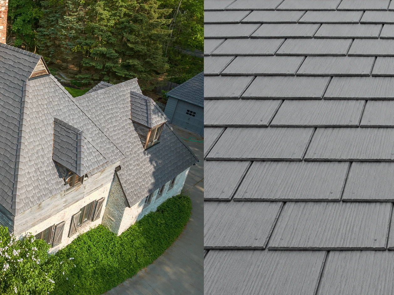 Side-by-side comparison of Enviroshake and another synthetic roofing product