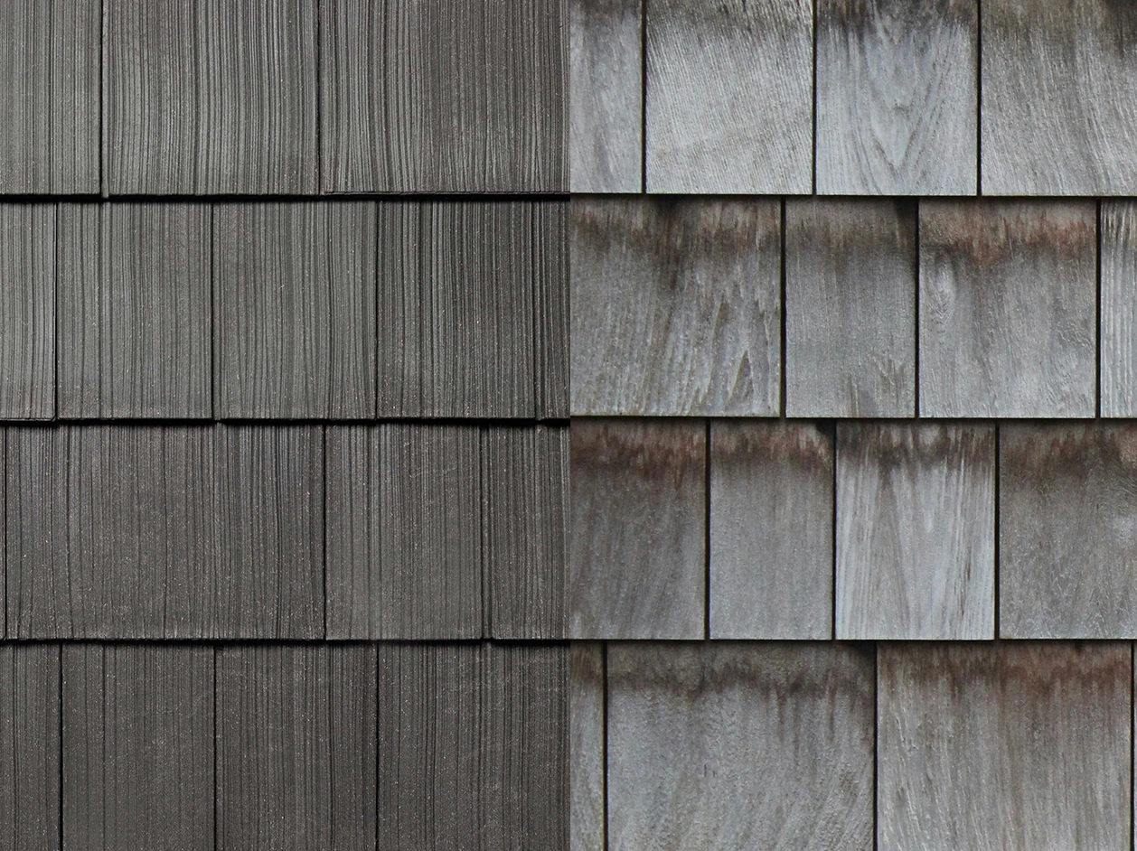 Side-by-side comparison of Enviroshake shakes and natural cedar shakes