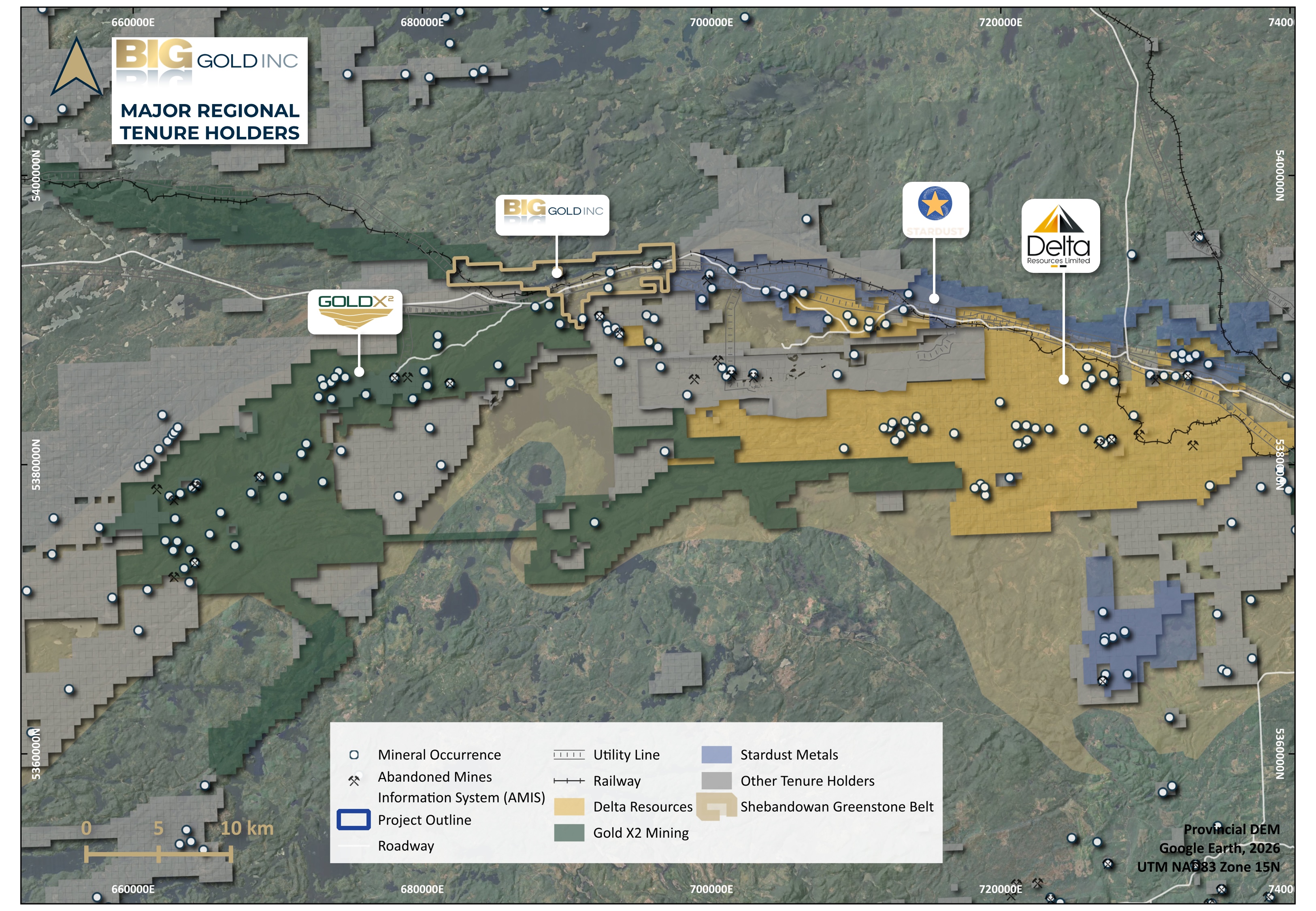 Tabor regional map — Major regional tenure holders, Shebandowan Greenstone Belt