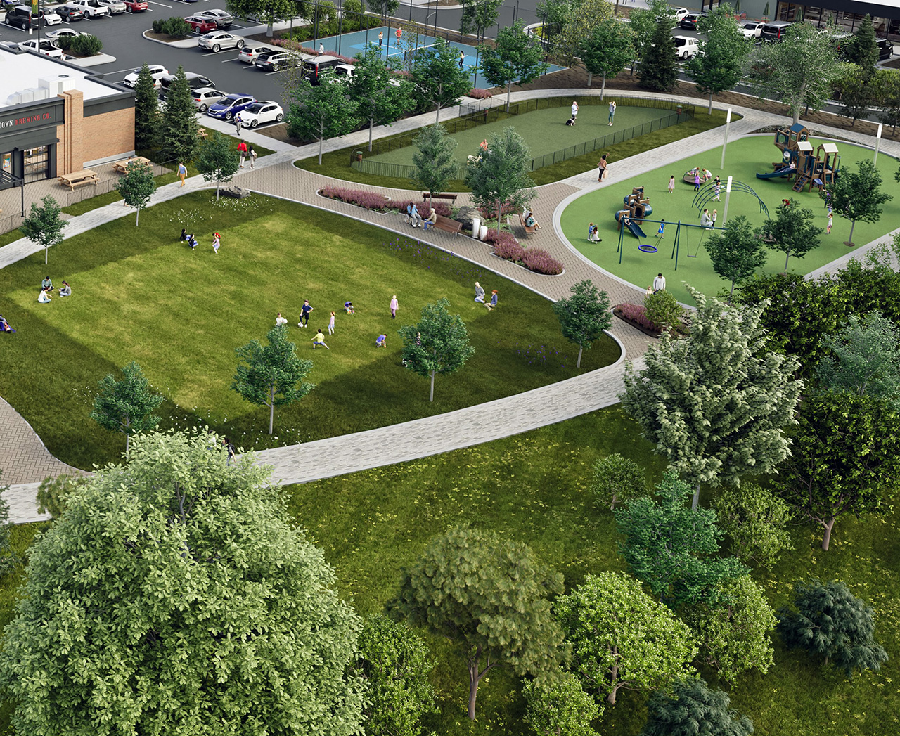 Park with grassy fields, playground, walking paths, benches, and people enjoying outdoor activities.