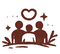 Illustration of three people with a heart and stars above, symbolizing community and care.