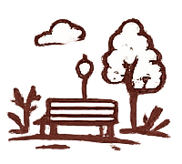 Simple brown sketch of a park bench with a tree, cloud, lamp post, and plants around it.