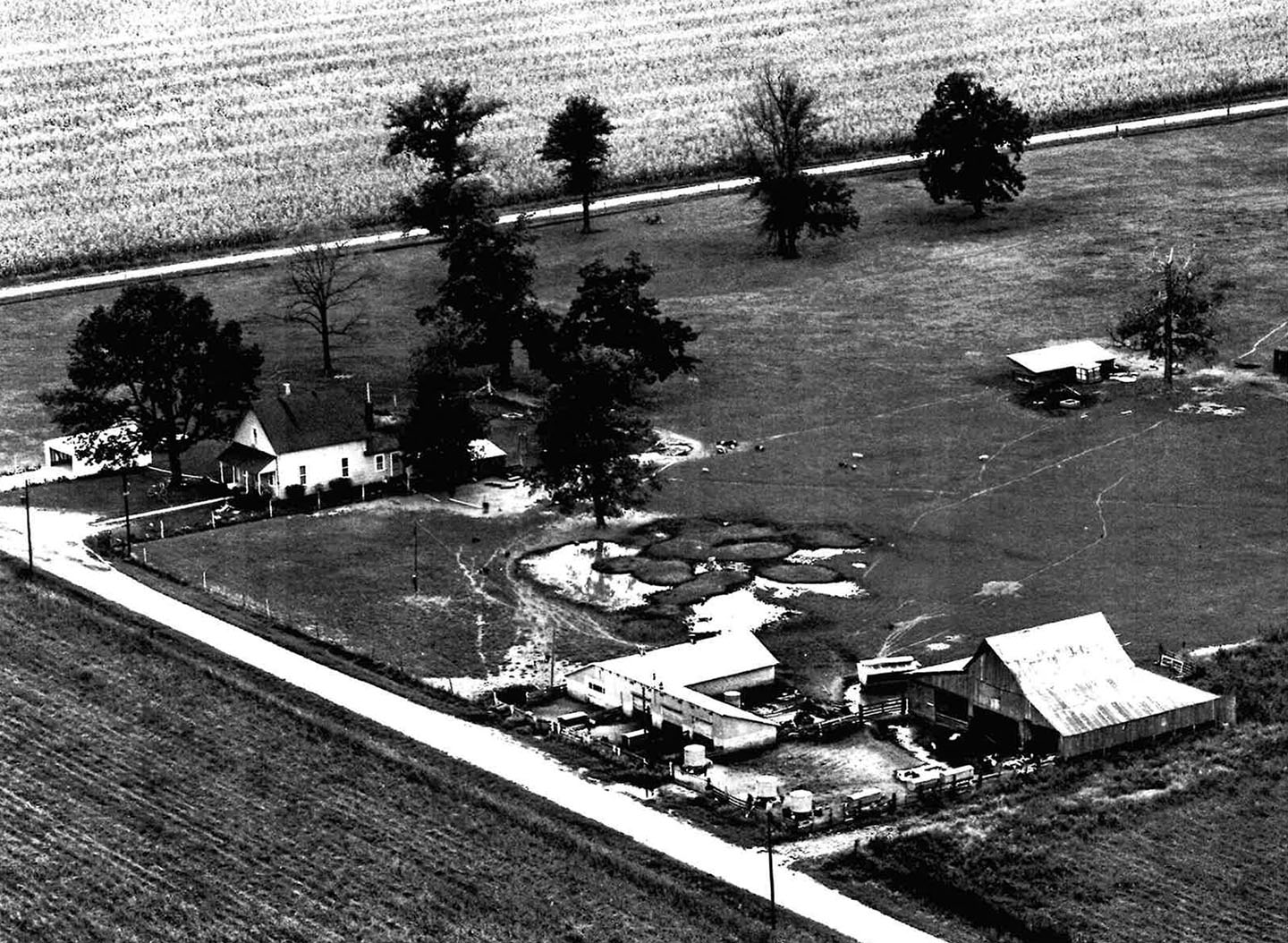Black and white aerial photo of a rural farm with house, barn, trees, ponds, and fields.