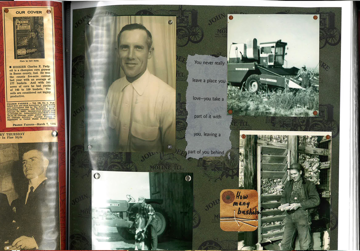 Vintage photos and newspaper clippings of farmers, a tractor, and a man holding corn on a scrapbook page.