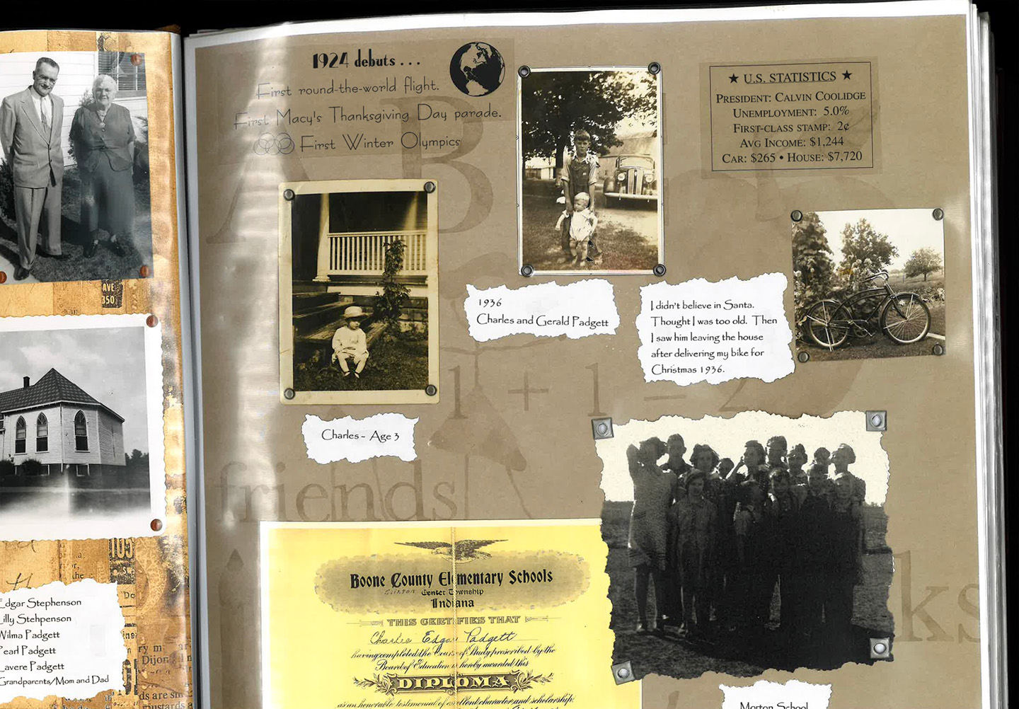 Vintage scrapbook page with old family photos, 1924 debuts notes, a diploma, and 1930s U.S. statistics.