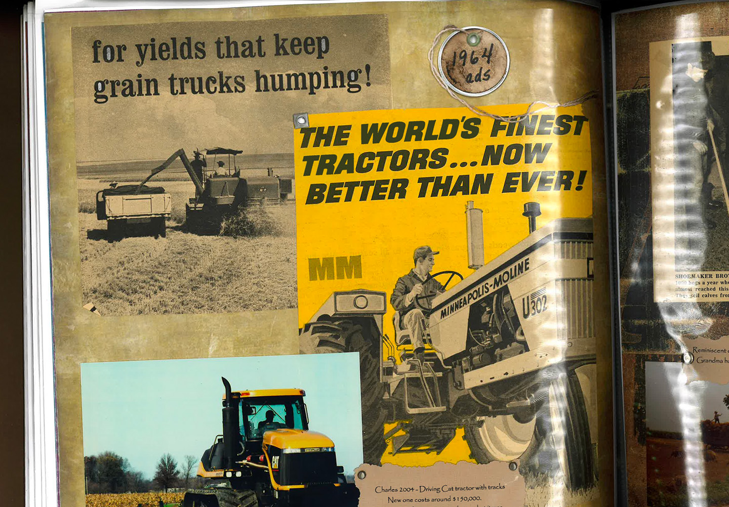 Scrapbook page with vintage tractor ads and images highlighting farm machinery and grain trucks.