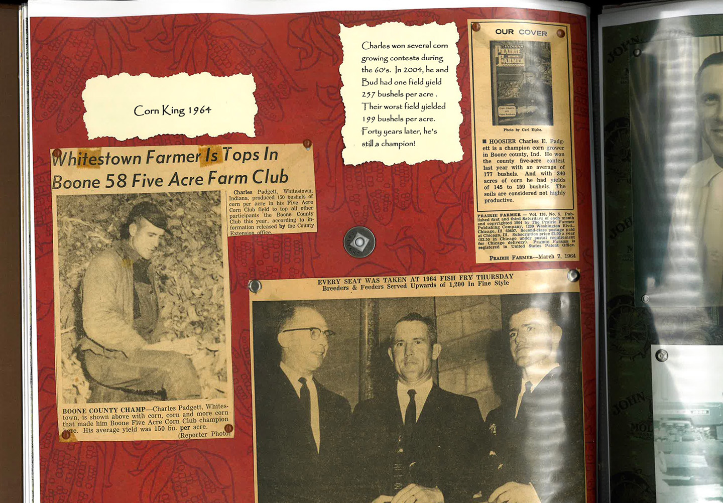Scrapbook page with vintage newspaper clippings and photos about Charles Padgett, a champion corn farmer in 1964.