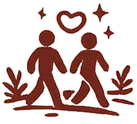 Two people walking together with heart and stars above, surrounded by plants on a path.