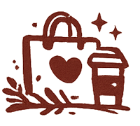 Brown icon of a shopping bag with a heart and takeaway coffee cup with decorative leaves and stars.