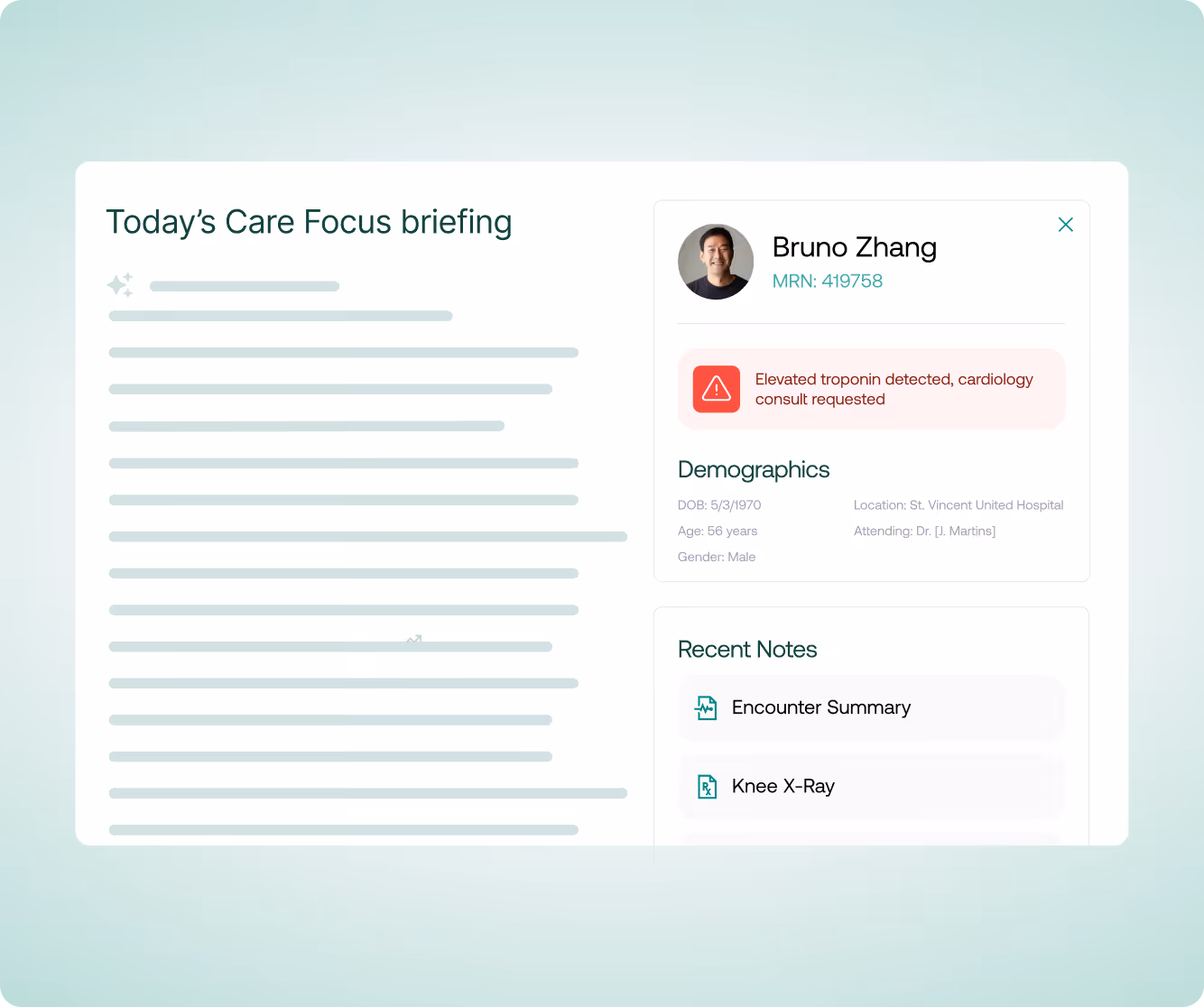 Patient summary for Bruno Zhang showing alert for elevated troponin and cardiology consult requested.