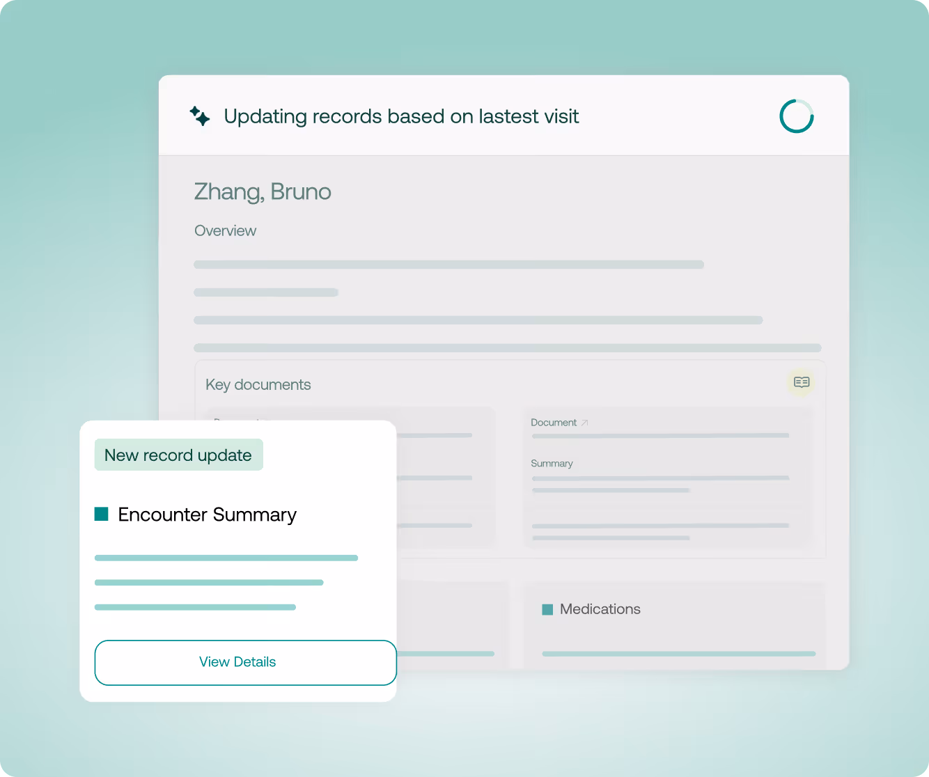 Patient record interface showing update in progress for Bruno Zhang with new encounter summary and details button.