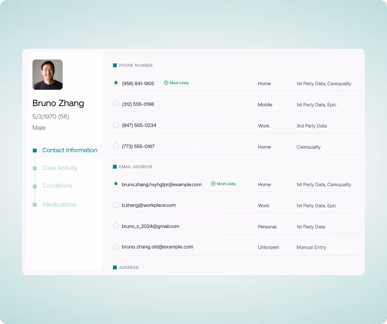 Contact info for Bruno Zhang showing phone numbers, emails, and data sources with photo and basic details.