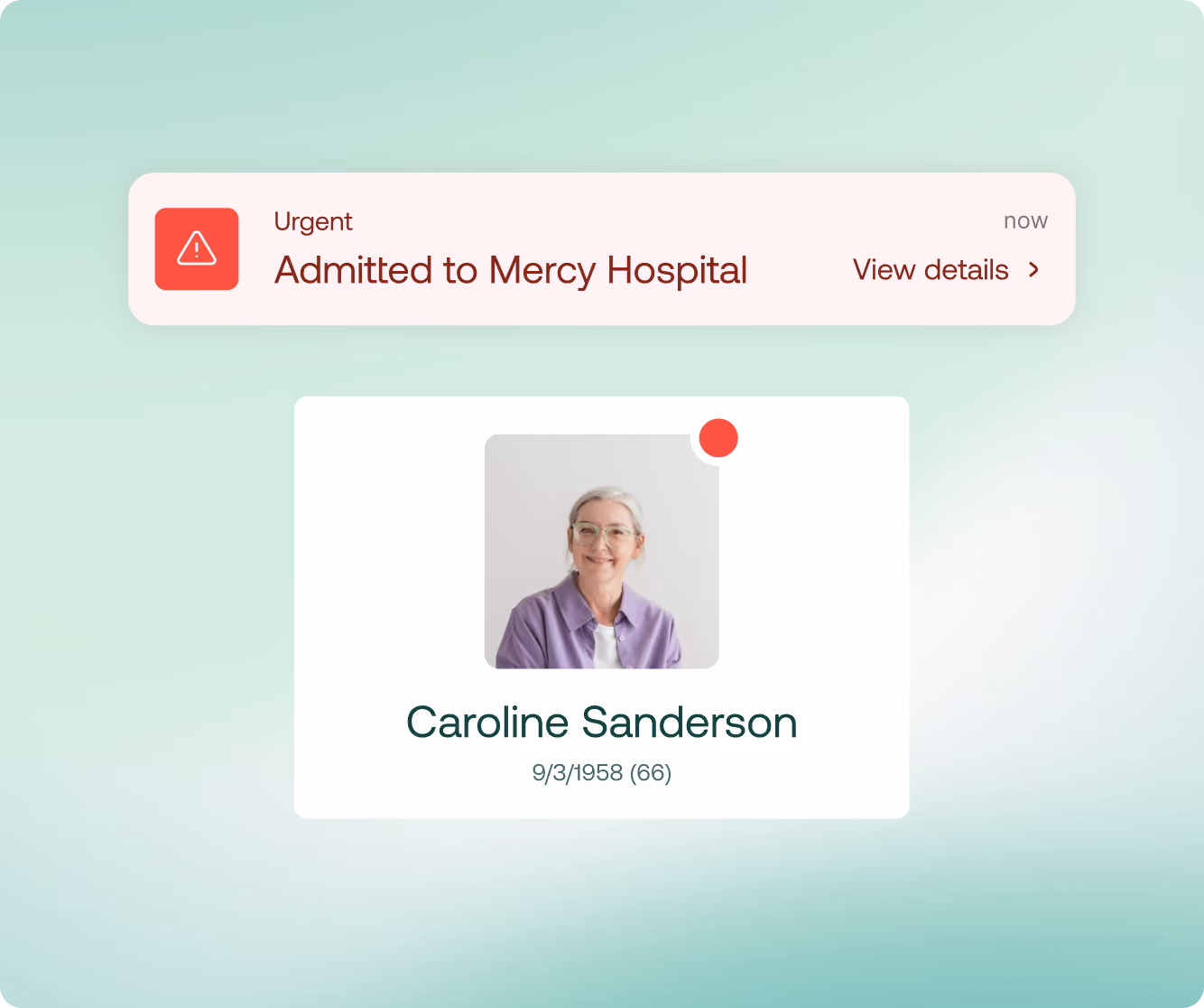 Notification showing urgent admission of Caroline Sanderson, born 6/13/1959, to Mercy Hospital.