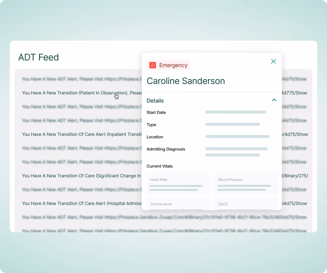 Emergency alert for Caroline Sanderson showing patient details and current vitals in ADT feed interface.