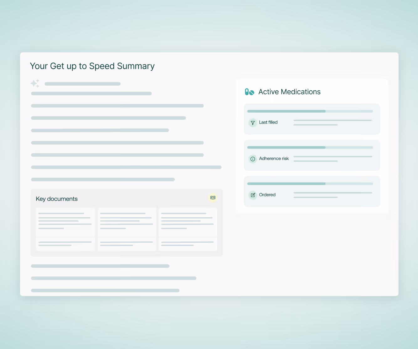 Dashboard with summary text, key documents section, and active medications list with status bars.