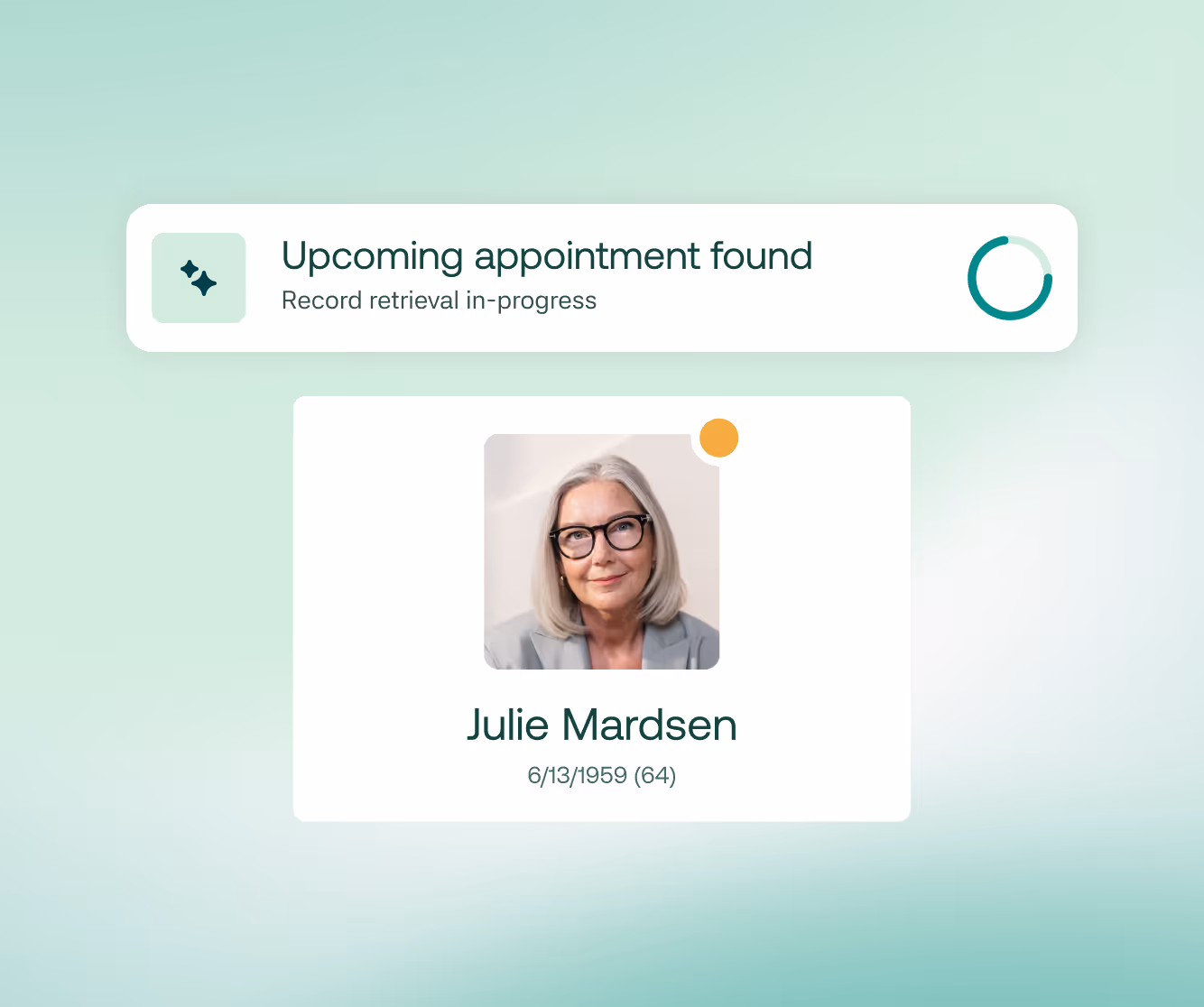 Notification stating upcoming appointment found with progress circle and profile of Julie Mardsen, age 64.