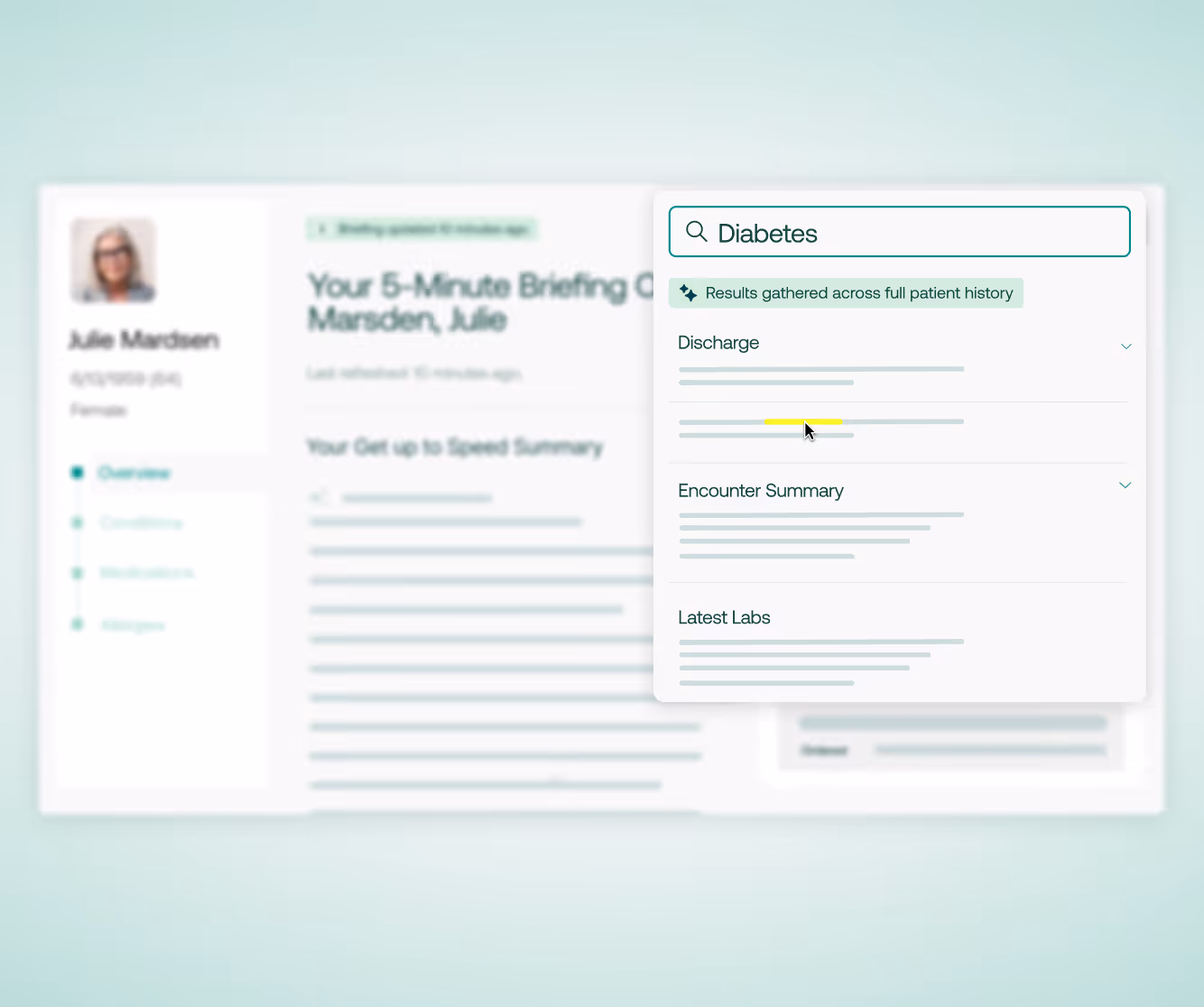Patient summary interface showing search for Diabetes with discharge, encounter, and lab results sections.