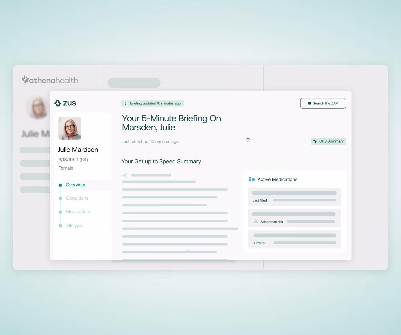Digital health briefing screen for Julie Mardsen with overview, conditions, medications, and allergies sections.
