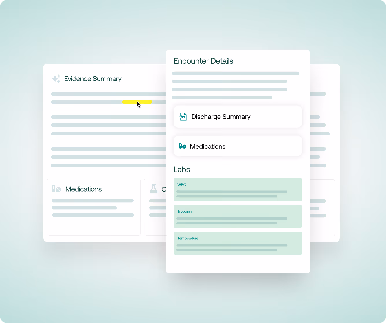 Medical interface showing evidence summary, medications, encounter details, discharge summary, and lab results.