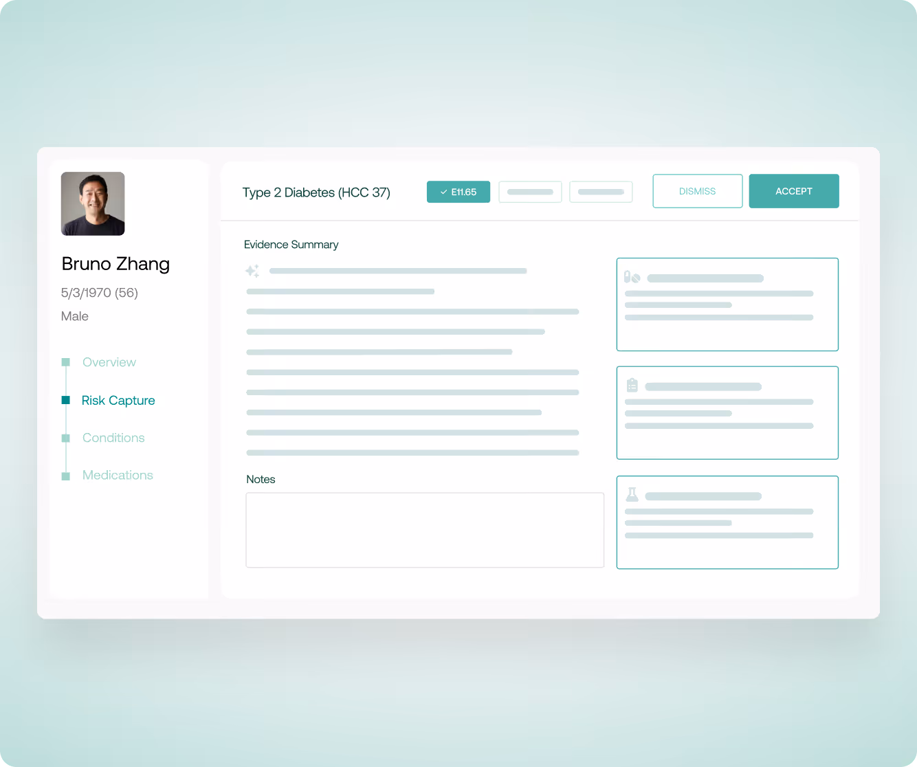 Patient profile for Bruno Zhang with Type 2 Diabetes, risk capture tab and evidence summary displayed.