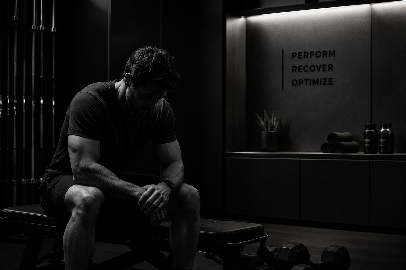 Man sitting on gym bench with head down in a dim gym with dumbbells and text on wall.