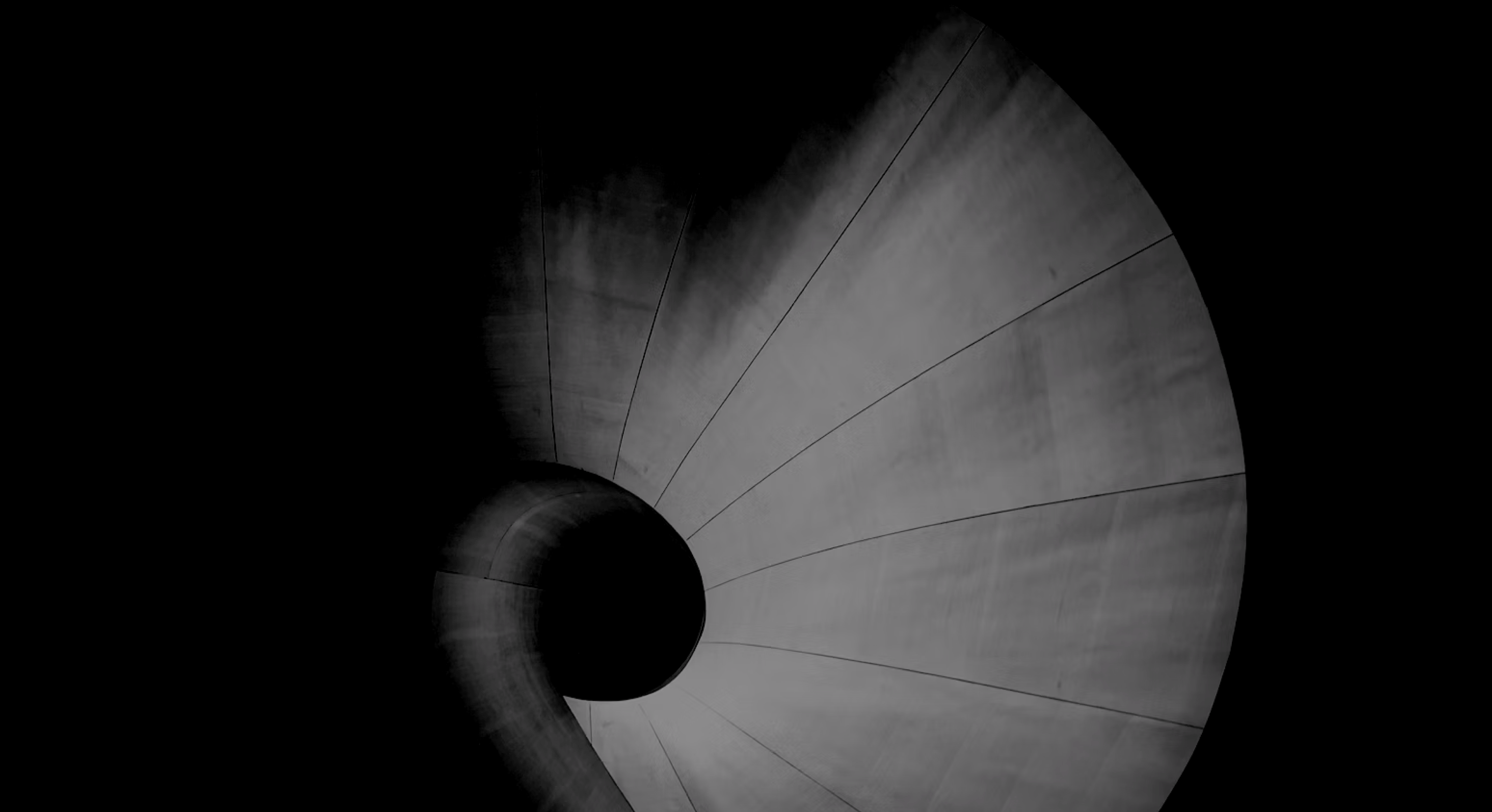 Black and white photo of a spiral staircase viewed from below showing curved lines and shadows.