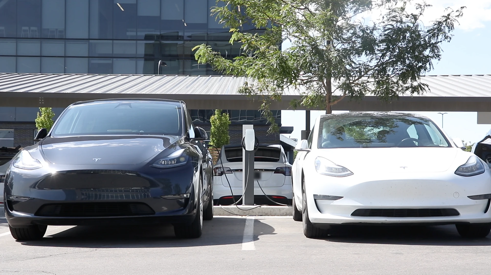 Two Teslas parked at pedestal EV chargers in a covered parking area