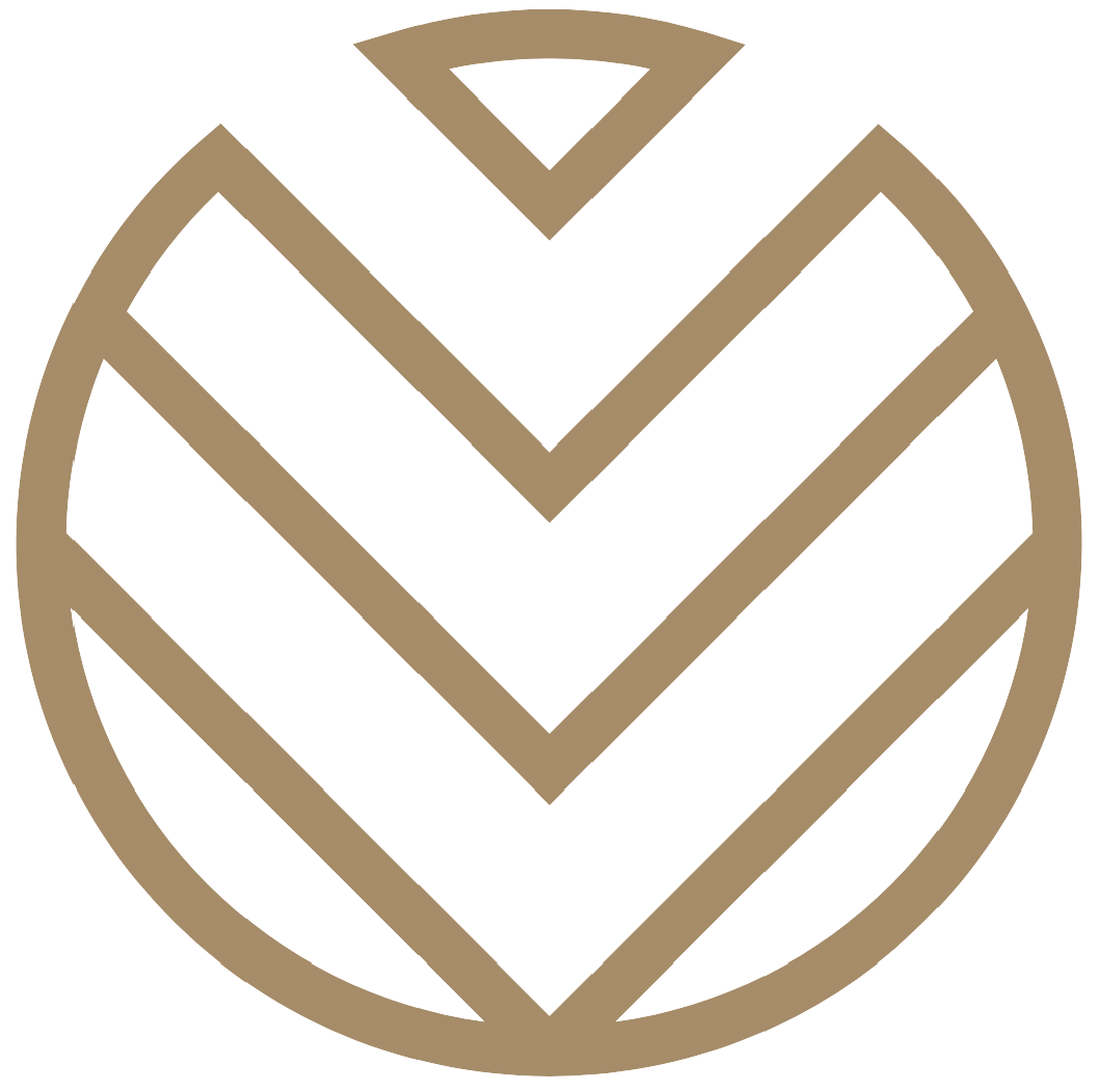 Circular logo with a brown outline and geometric chevron shapes inside on a black background.