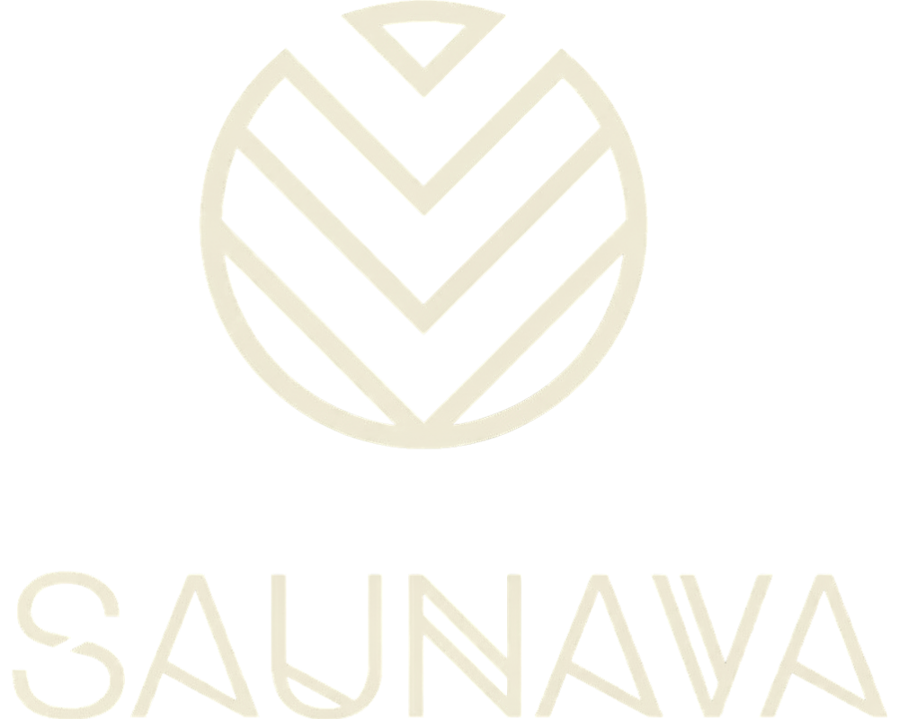 SAUNAVA logo with stylized geometric circle and text below.