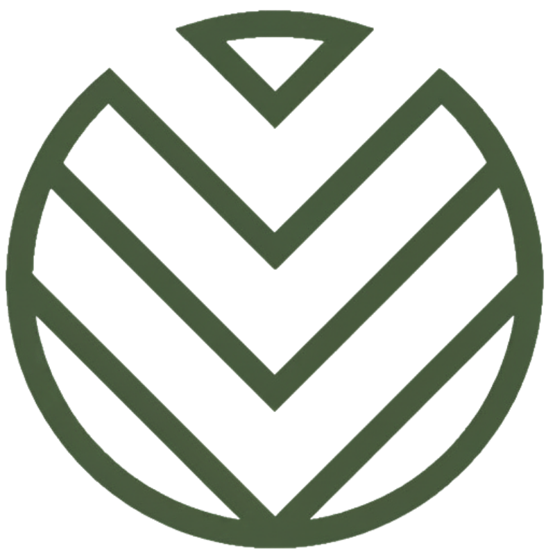 Circular emblem with three downward chevron shapes and a small inverted triangle above.