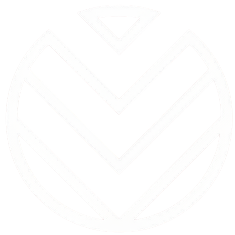 White circular logo with three descending chevrons inside and a small triangle at the top center.