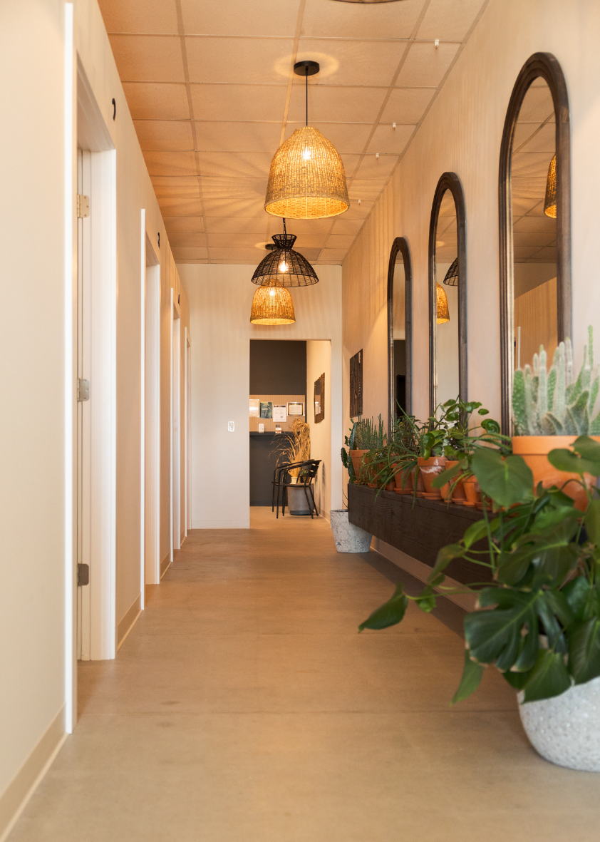 Hallway with hanging wicker lamps, arched mirrors, and various potted plants on the right side.