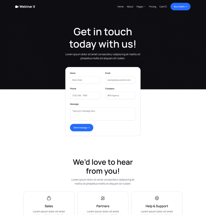Webinar X - Contact Main Page - Webinar Webflow Template
