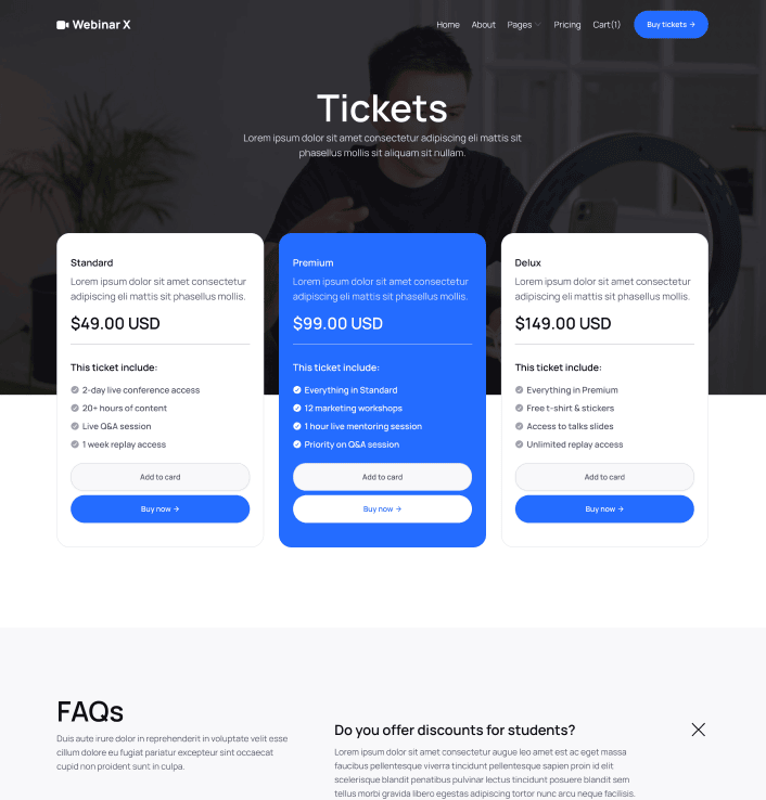 Webinar X - Tickets Main Page - Webinar Webflow Template