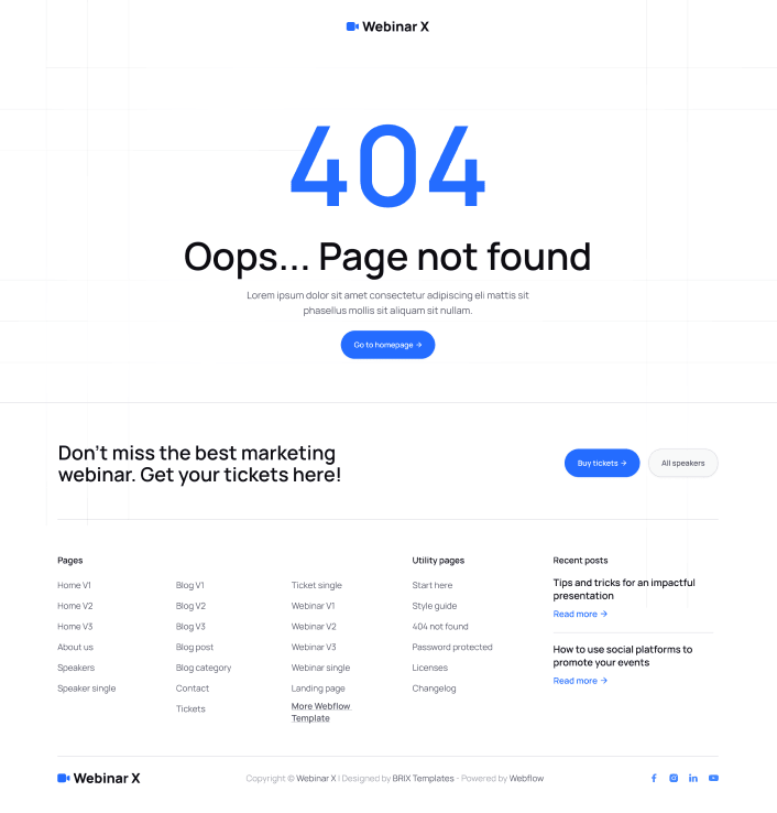 Webinar X - 404 Not Found Utility Page - Webinar Webflow Template