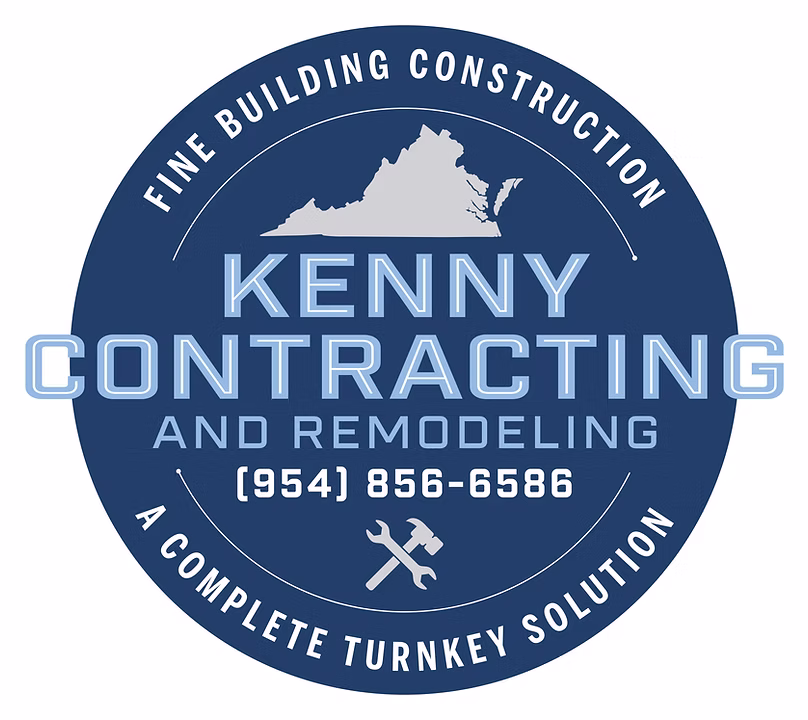 Circular blue logo with Virginia state silhouette and text Kenny Contracting and Remodeling, phone number, tools icon.
